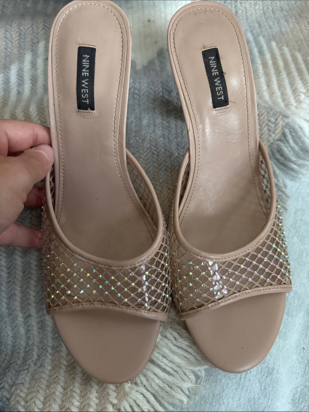 Nine West Blush Nude Mesh Slide Mules with Holographic Accents